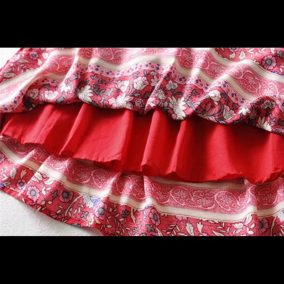 Boho Floral Gypsy Print Skirt red mini tiered - Picture 3 of 5